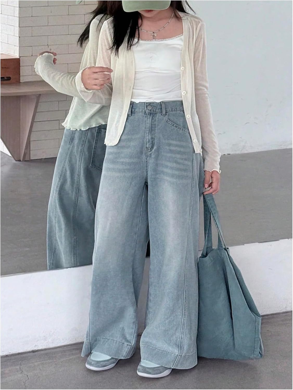 GORGLITTER Girl's Baggy Wide Leg Jeans Elastic High Waisted Denim Pants Bottoms Trousers with Pockets - Image 5