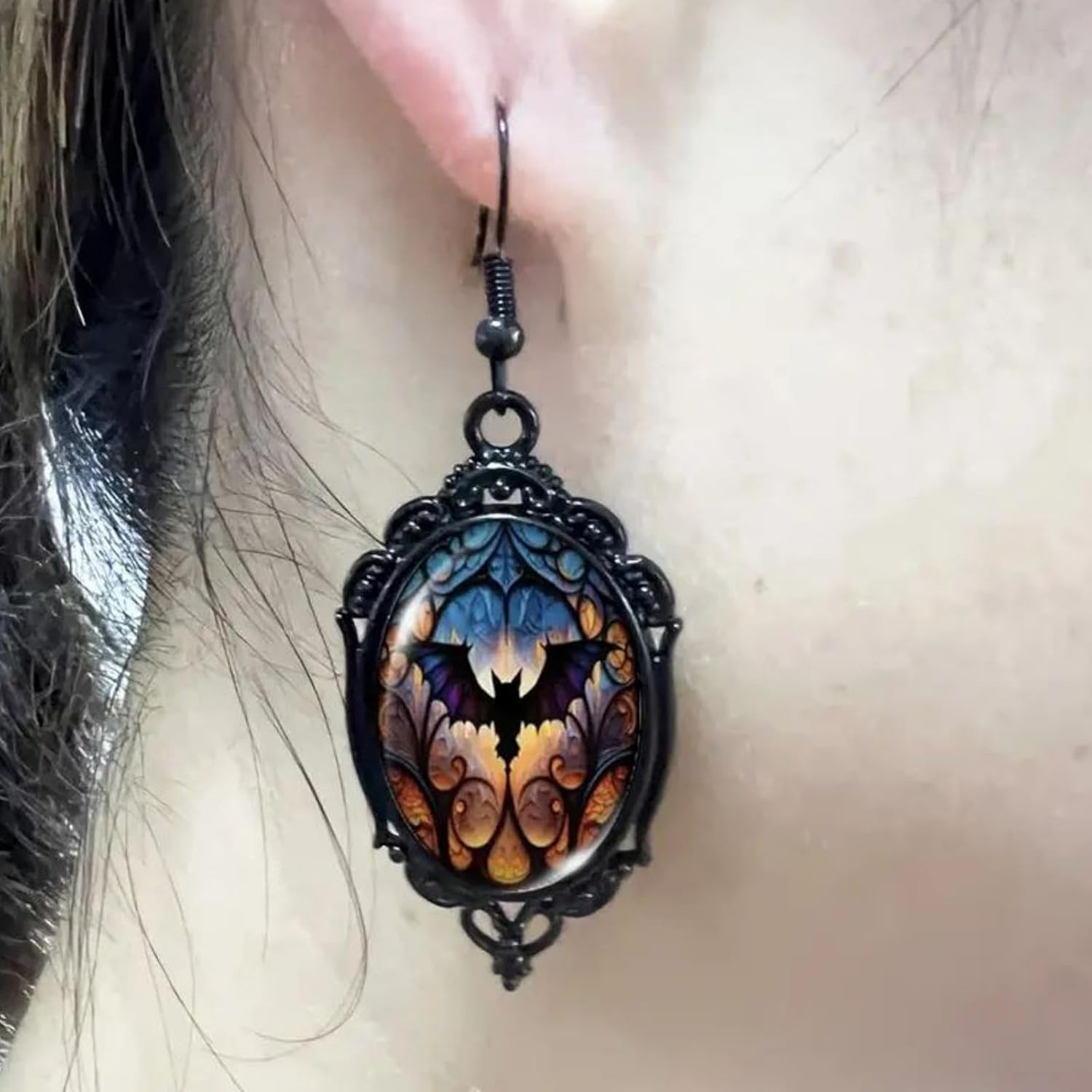 Goth Earrings Necklace for Women Goth Jewelry Set Vintage Gothic Raven Bat Witch Glass Cameo Earrings Punk Style Raven Bat Witch Necklace Gothic Jewelry Gifts for Women - Image 8