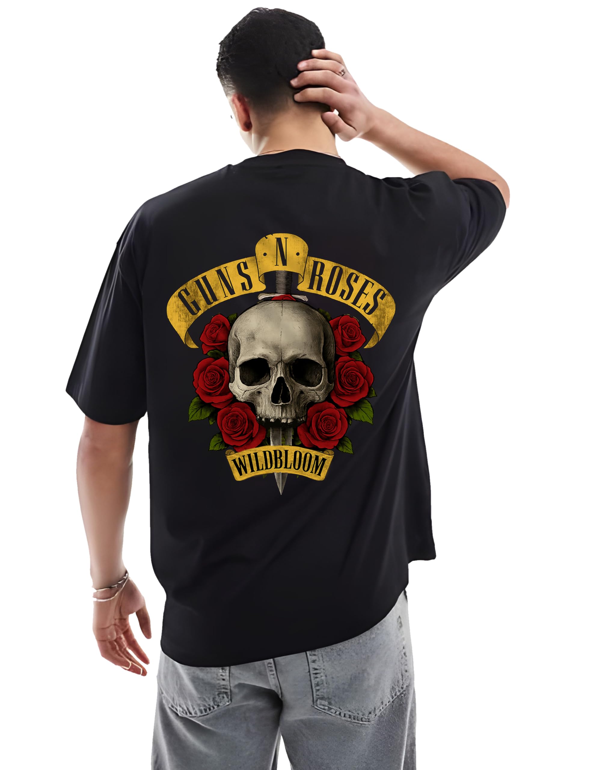 ran eleven company Ran Eleven Wildbloom Guns & Roses Oversized T-Shirt for Men | Skull and Roses Design, Front and Back Print | 100% Cotton | Streetwear & Casual Wear-picture-33