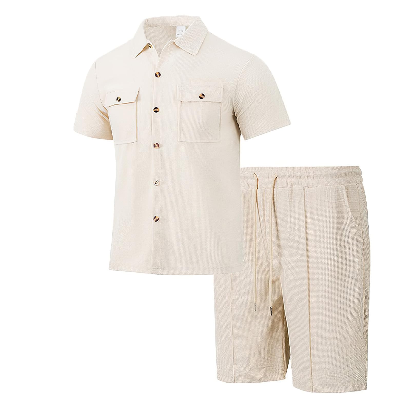 amropi Hommes Manches Courtes Survêtement Gaufre Chemise Haut à Boutons et Shorts Été Ensemble de Tenue