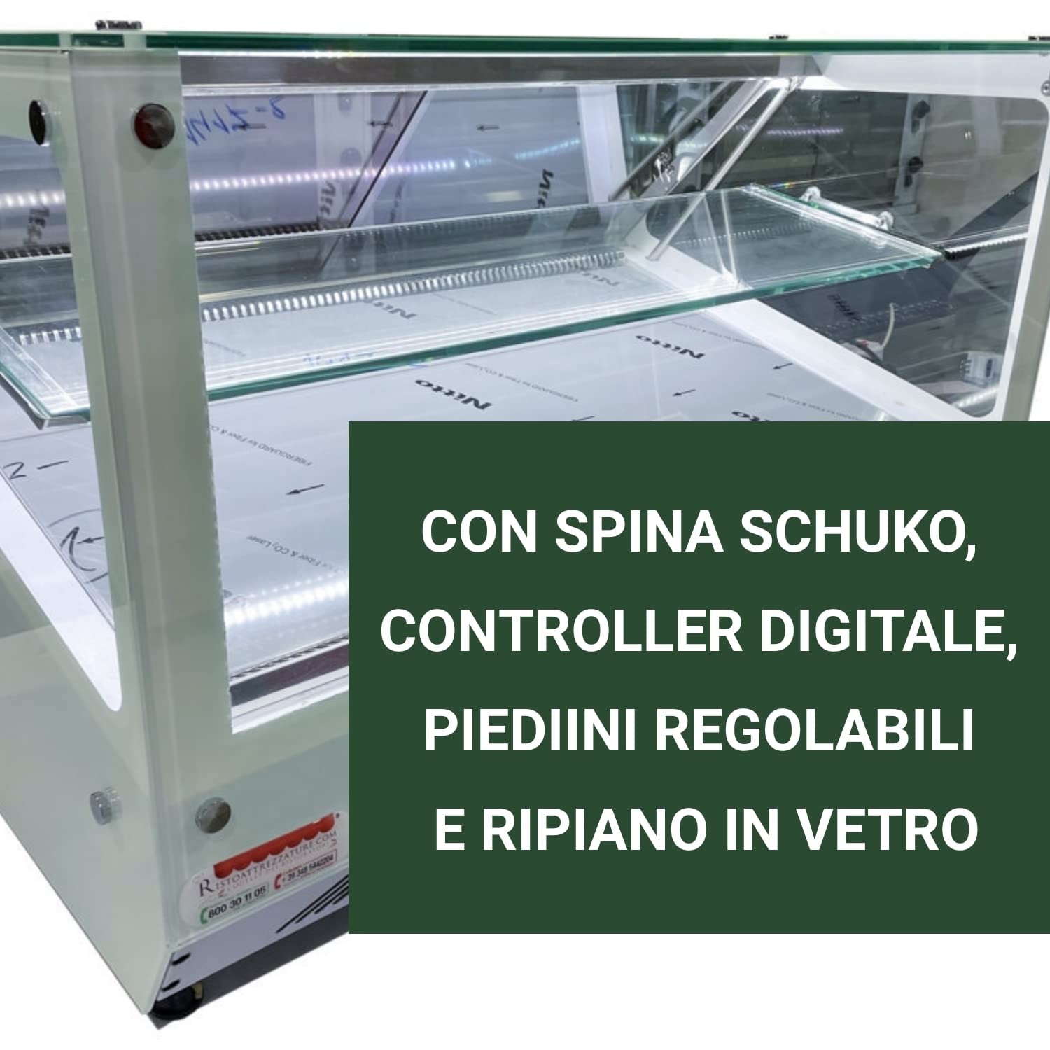 RISTOATTREZZATURE - Vetrina frigo 74x60x60h cm refrigerata da banco a due piani bianca con vetri dritti motore incorporato e piano liscio