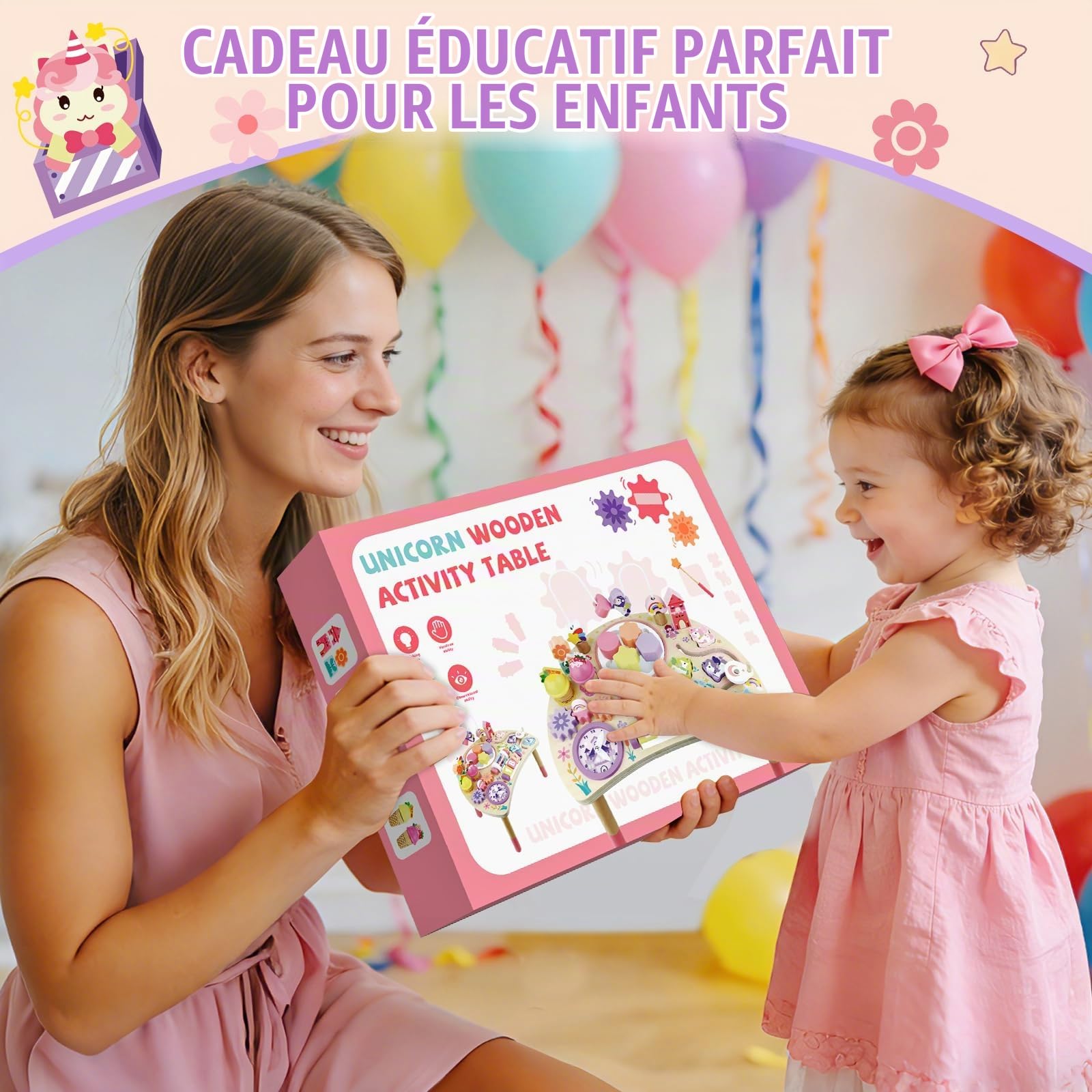 Table d'Activité Montessori en Bois 10 en 1 Licorne dès 18 Mois | Manipuler, Trier, Tourner et écouter Aide la Motricité Fine Dans Les Jeux Quotidiens