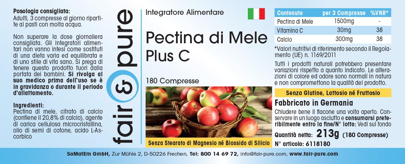 Fair & Pure® - Pectine de Pomme Plus C et calcium - Végan - fibres naturelles - 180 comprimés - emballage pour 2 mois