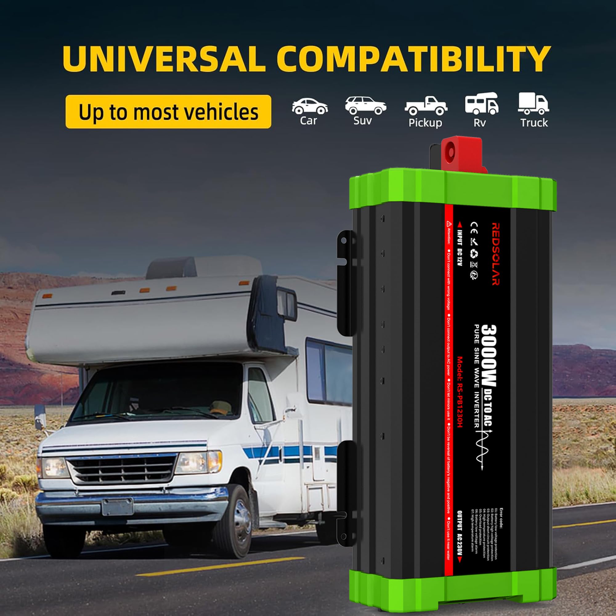 REDSOLAR Convertisseur Pur Sinus 3000W (Pic 6000W) 12V 220V 230V, Onduleur avec Port USB, Prise EU, Écran LCD et Télécommande Filaire de 7 Mètres – pour Caravane, Camping, Voyage et Systèmes Solaires