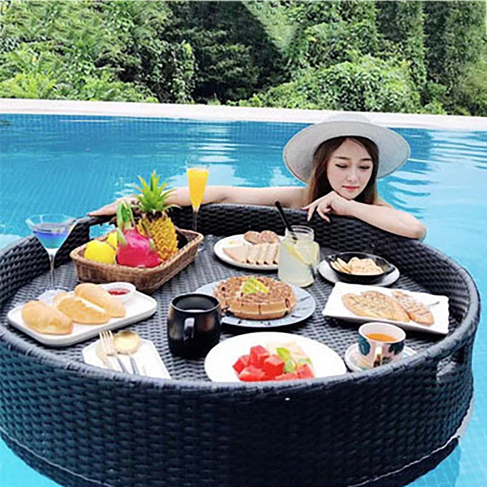 Gtzly Round Rattan Woven Serving Tray Rattan Floating Breakfast Tray with Handles, Swimming Pool Floats, Essential Floating Food Tray for Pool