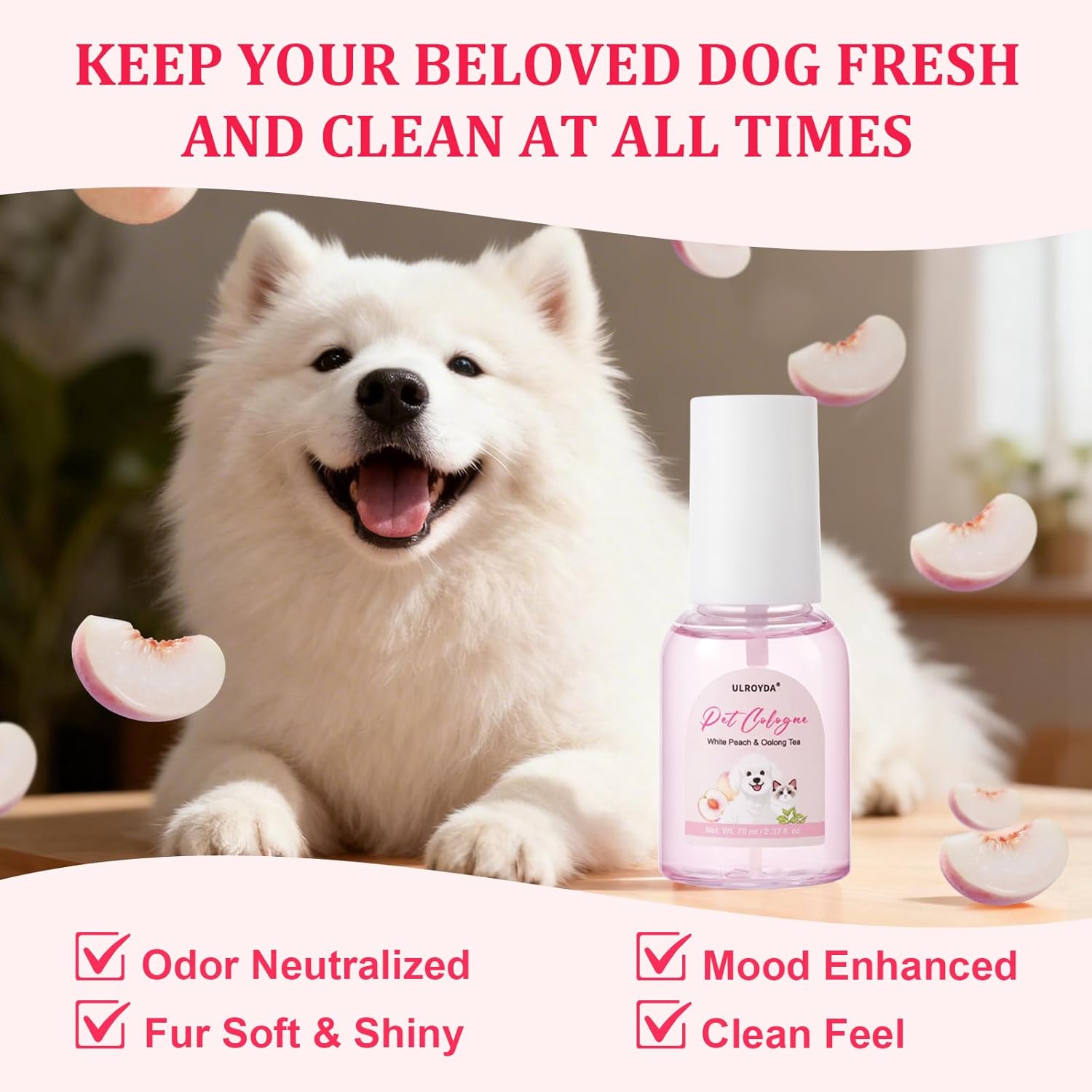 Grooming Spray for Dogs and Cats, Pet Perfume, Long-Lasting White Peach Oolong Fragrance, Deodorizing, Containing Natural Peach Extract, Suitable for Use Between Two Baths, 2.37 fl.oz. - Image 5