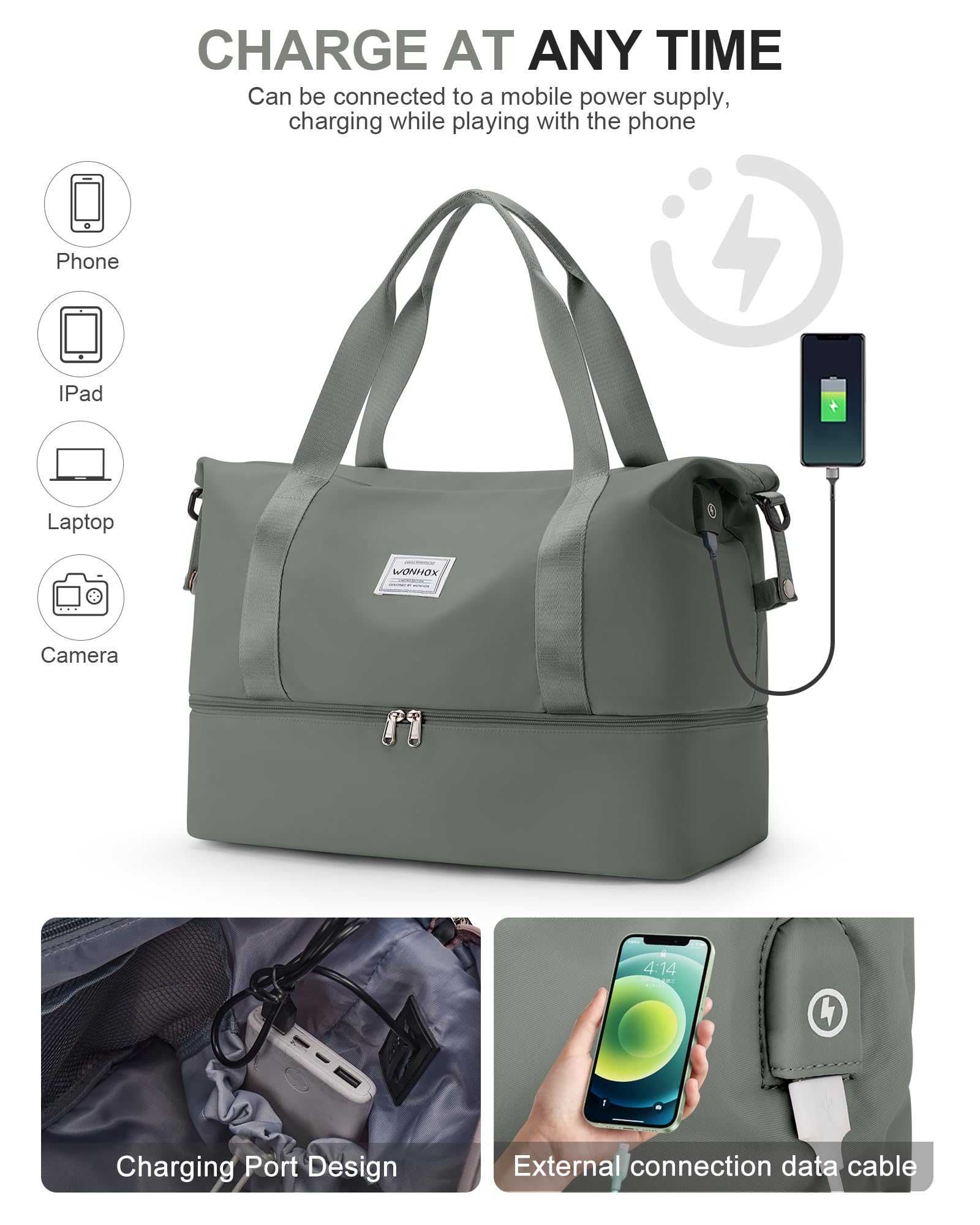 Borsone da Viaggio Donna, Bagaglio a Mano Borsa da Viaggio con Scomparto per le Scarpe, Borsa Sportiva Borsone da Palestra Grande, Borsa da Weekend, Borsa per Ospedale,I5-Verde scuro