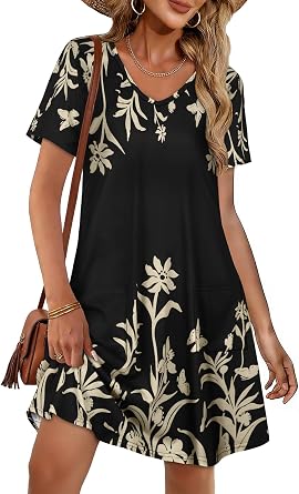Summer Dresses for Women V Neck Casual T Shirt Sundress with Pockets