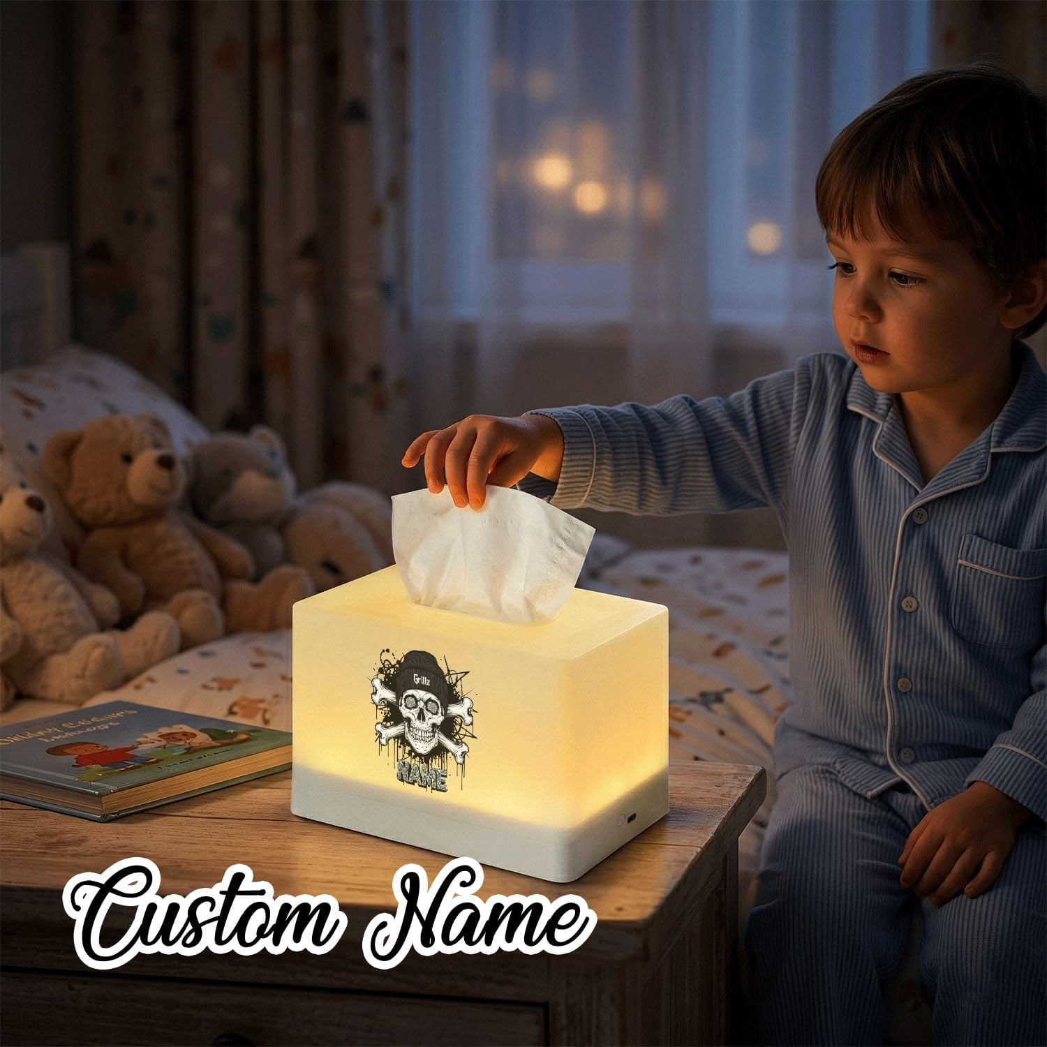 Personalized Skull Tissue Box Cover with LED Night Light, Custom Name Graffiti Decor, Rechargeable Illuminated Tissue Dispenser for Bedroom Nightstand image 4