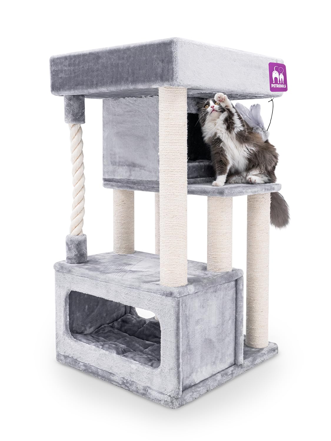 Petrebels Kratzbaum 107 cm, extrem Stabiler Katzenkratzbaum für Senioren Katzen, Kitten & Mehrkatzenhaushalte, Lodge 107, mit 2 Katzenhöhlen, XXL Liegekorb, Sisal-Stämmen & Spielseil, Grau