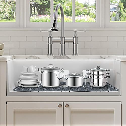 Miniatura 8 de GUUKIN Protectores de fregadero para fregadero de cocina, 29.5 x 15 pulgadas, rejilla de silicona para la parte inferior del fregadero de porcelana