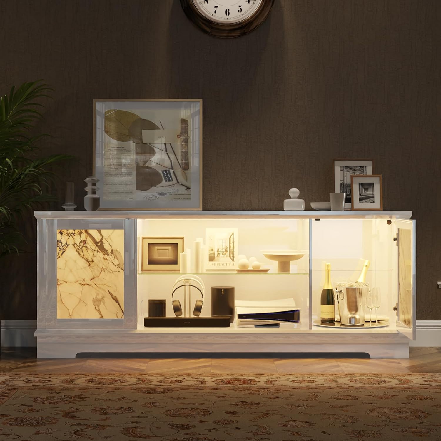 Image showing the TV stand with its doors open, revealing ample storage space for various items like headphones, gaming consoles, and decorative objects.