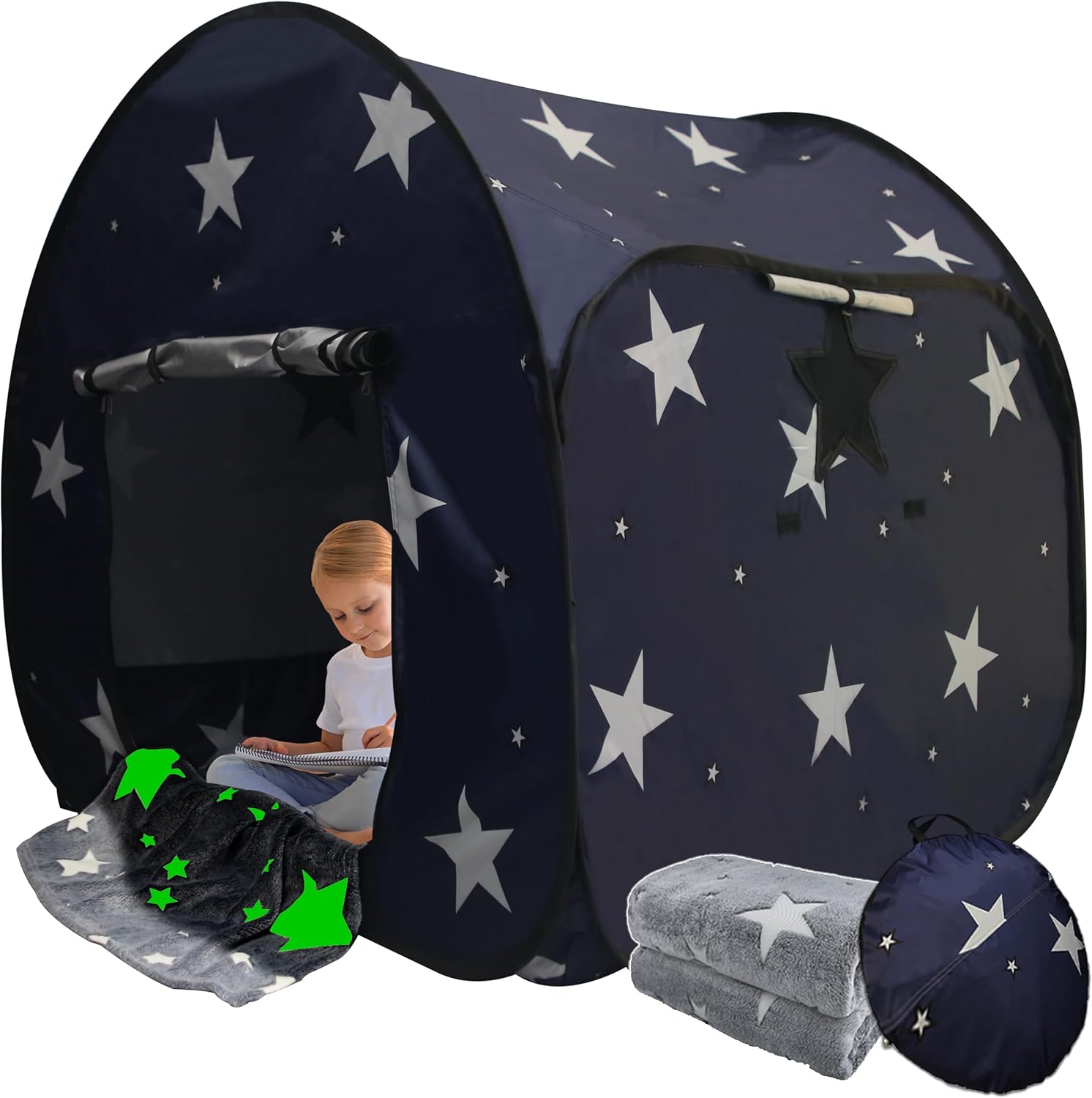 Big Sensory Tent for Kids with Autism - 47x47x47in Star Pop up Play Tent with Fluorescent Blanket Helps Autism, ADHD, SPD Kids & Adults Relax, Autistic, Play Tents with Star Bag & Window