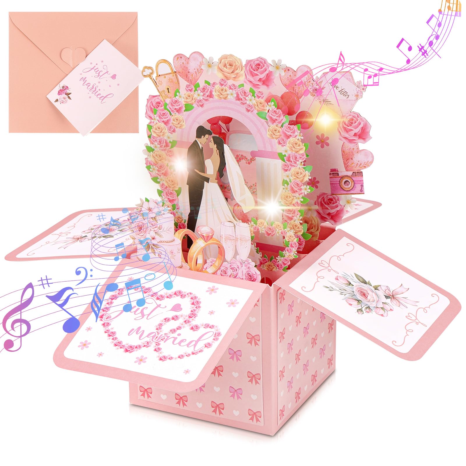 AXFEE Wedding Card, 3D Pop Up Wedding Congratulations Card with Music Light
