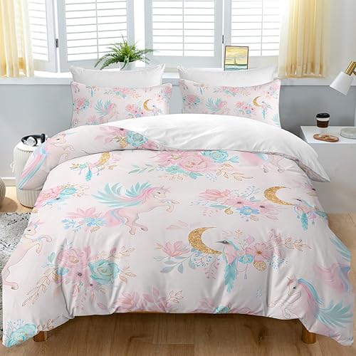 BEDMUST Funda de edredón de unicornio tamaño individual, suave y lindo juego de ropa de cama de unicornio rosa con hojas de flores y pájaros azules,