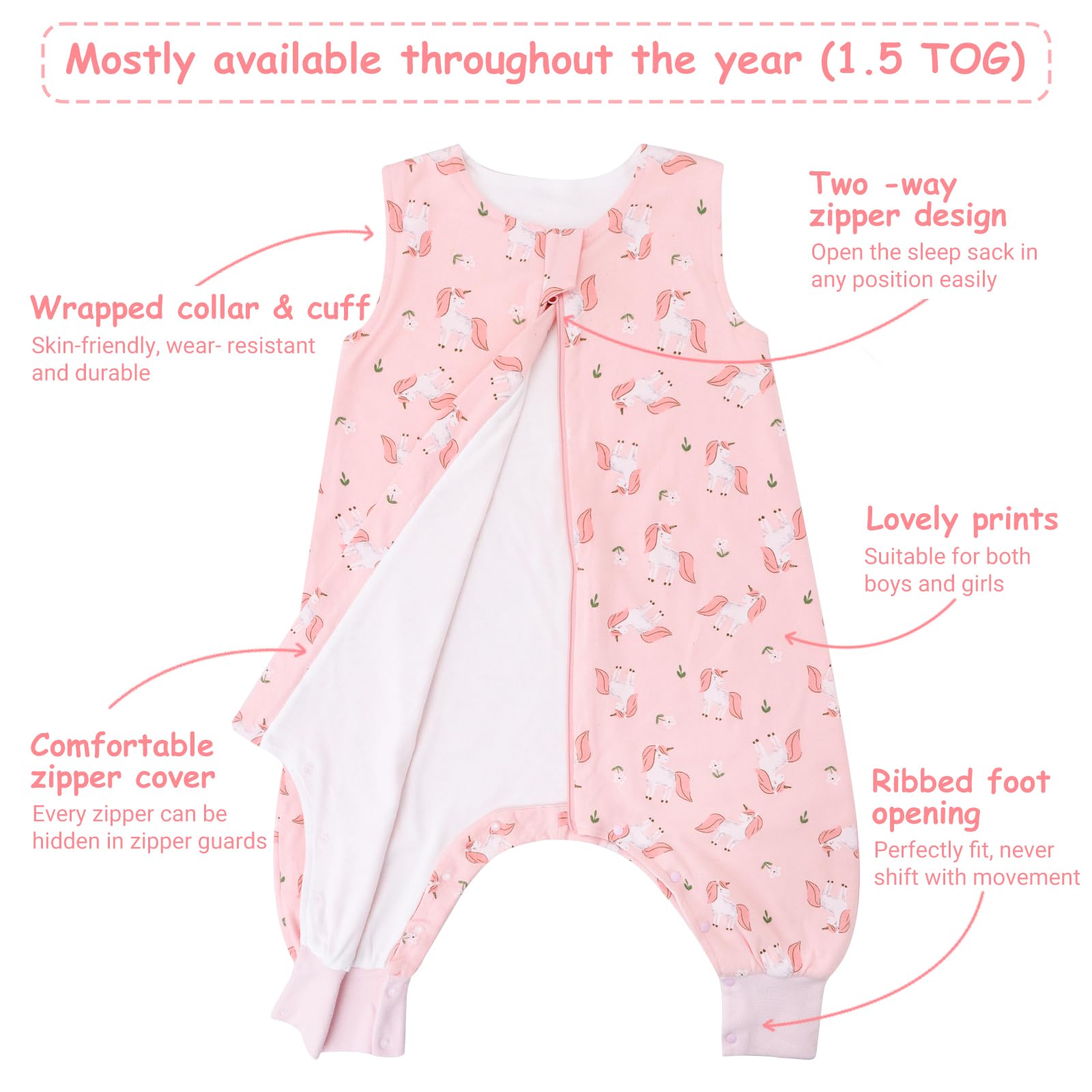 WYTbaby Baby Sleeping Bag With Legs 1.0 Tog, 100% Cotton Sleeveless Baby Sleep Sack Toddler Wearable Blanket For Boys And Girls, 80cm/2-3 Years - Image 4