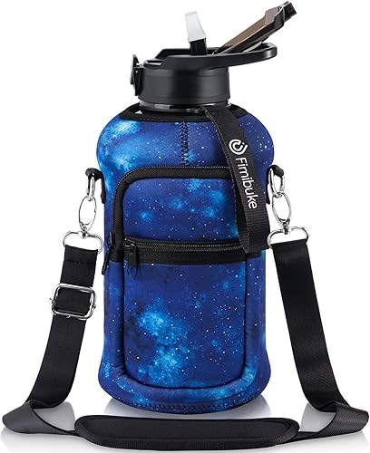 Fimibuke - Botella de agua de medio galón con funda, de 64 onzas con asa y pajilla, a prueba de fugas, botella de agua motivacional para el gimnasio