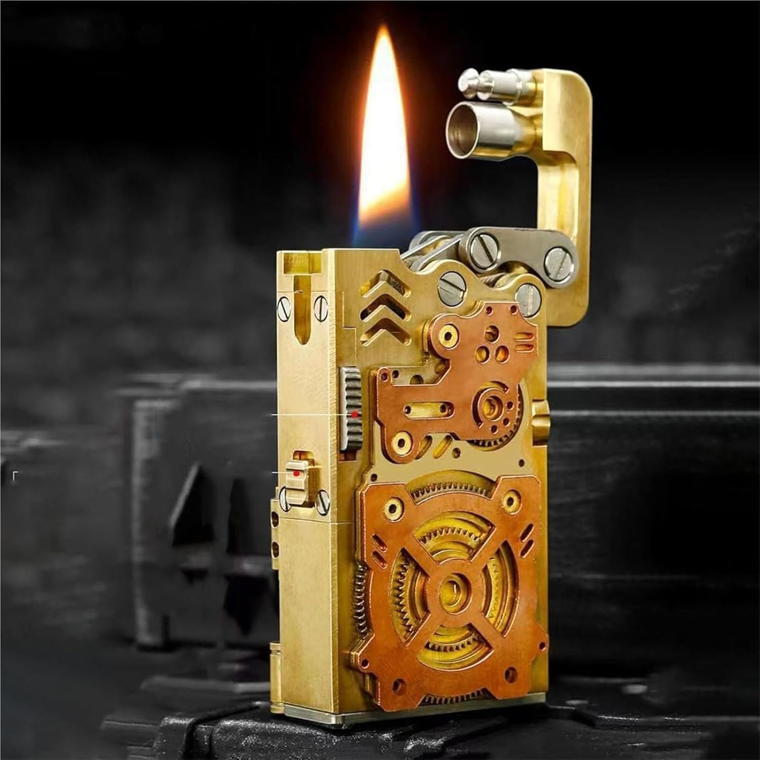 アーティザン 真鍮 トレンチ ライター - カムロック点火、頑丈な装甲板構造、目に見える燃料室を備えたミリタリーグレードの防風燃焼シ
