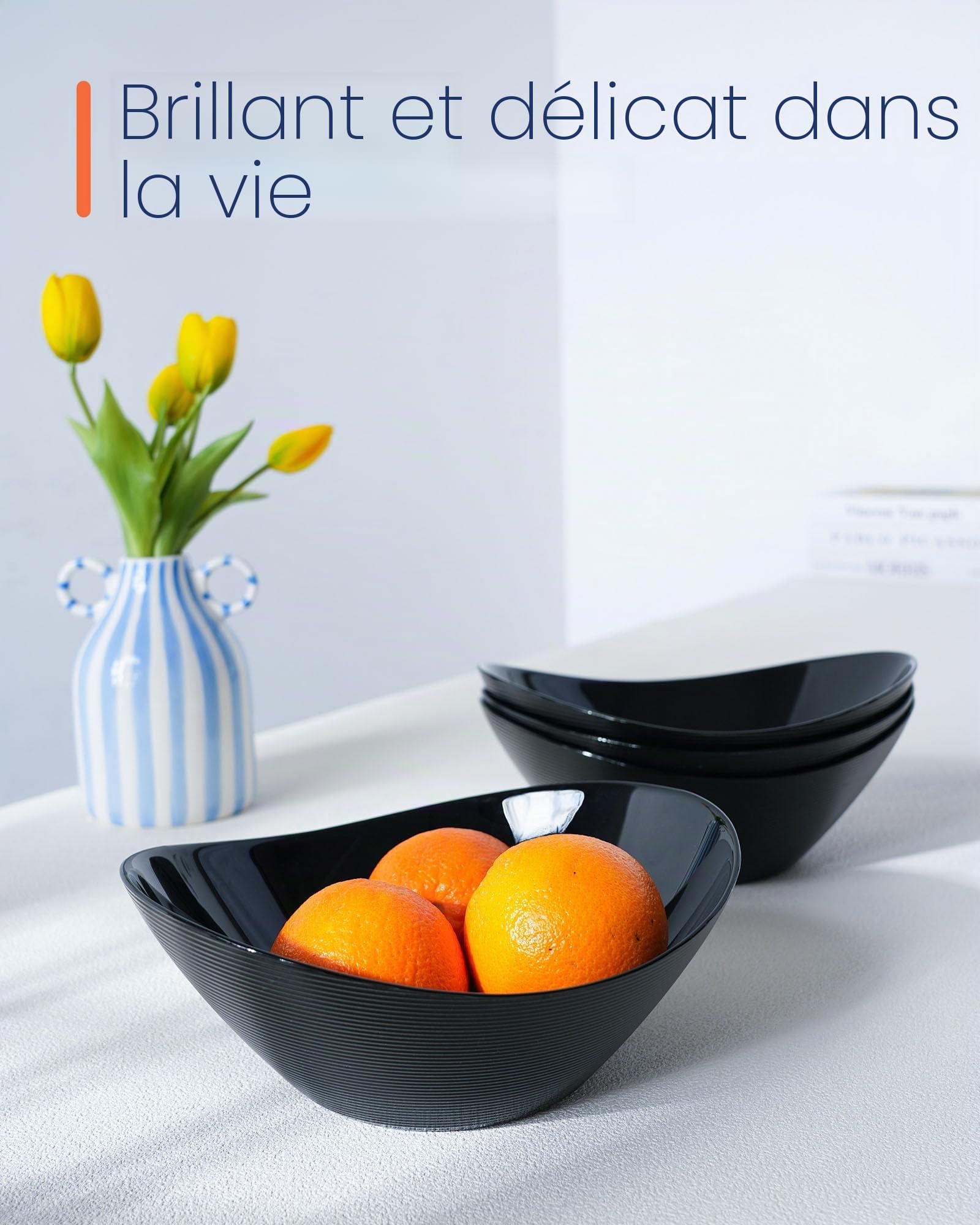 LaGlint Lot de 4 Bols à Service en Verre Opale de 1,29 L, 22,86 cm, Forme Ovale, Compatible Micro-ondes et Lave-vaisselle, pour Salade, Accompagnements et Fruits, Noir | Design fonctionnel pour salades et accompagnements. Idéal pour un usage quotidien