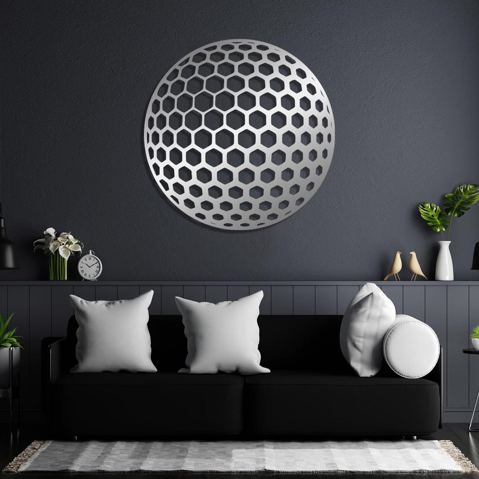 Decoración de pared abstracta contemporánea de metal con diseño de pelota de golf en 3D, decoración artística, regalo deportivo para papá, para él, para el hogar o el exterior (47x47 cm, plateado