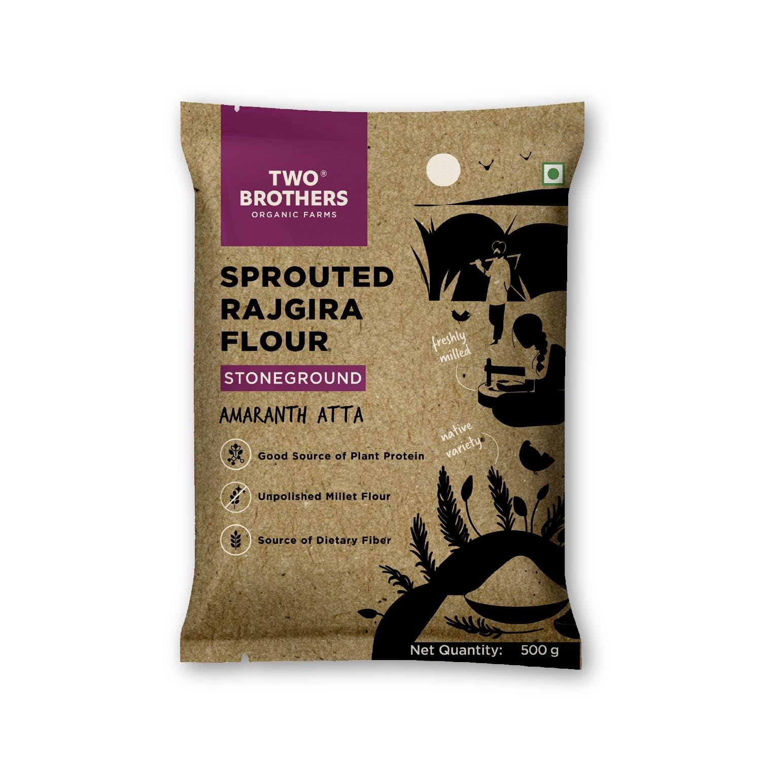 Two Brothers Organic Farms Sprouted Rajgira Atta (500g) | Nutrient-Rich Gluten-Free, High-Protein Amaranth Flour for Weight Management, Bone Health, and Digestion