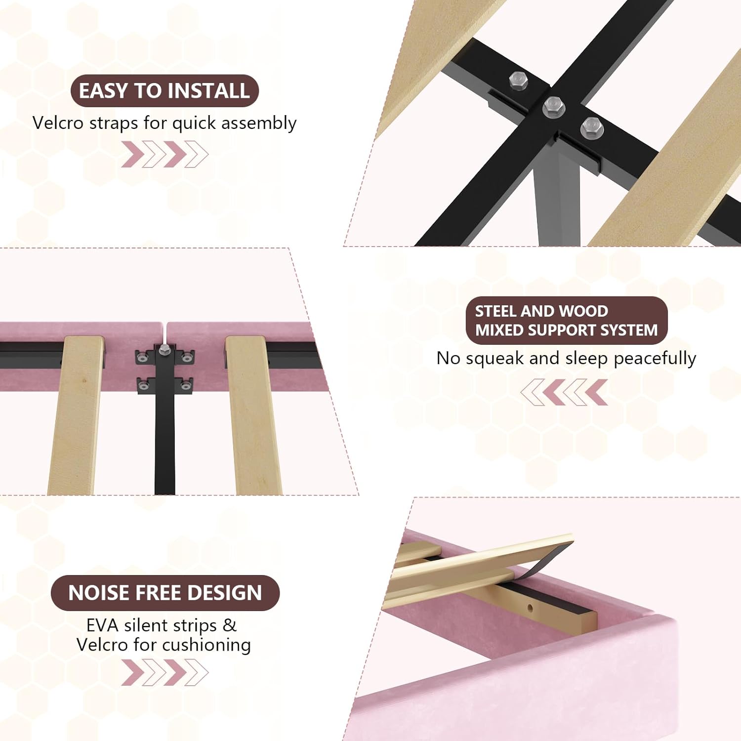 Senfot Full Bed Frame with LED Lights, Upholstered Fabric Headboard, Sturdy Wood Slat Support, No Box Spring Needed, Perfect Bed Frame for Kids' Rooms, Pink White(Without Drawers)