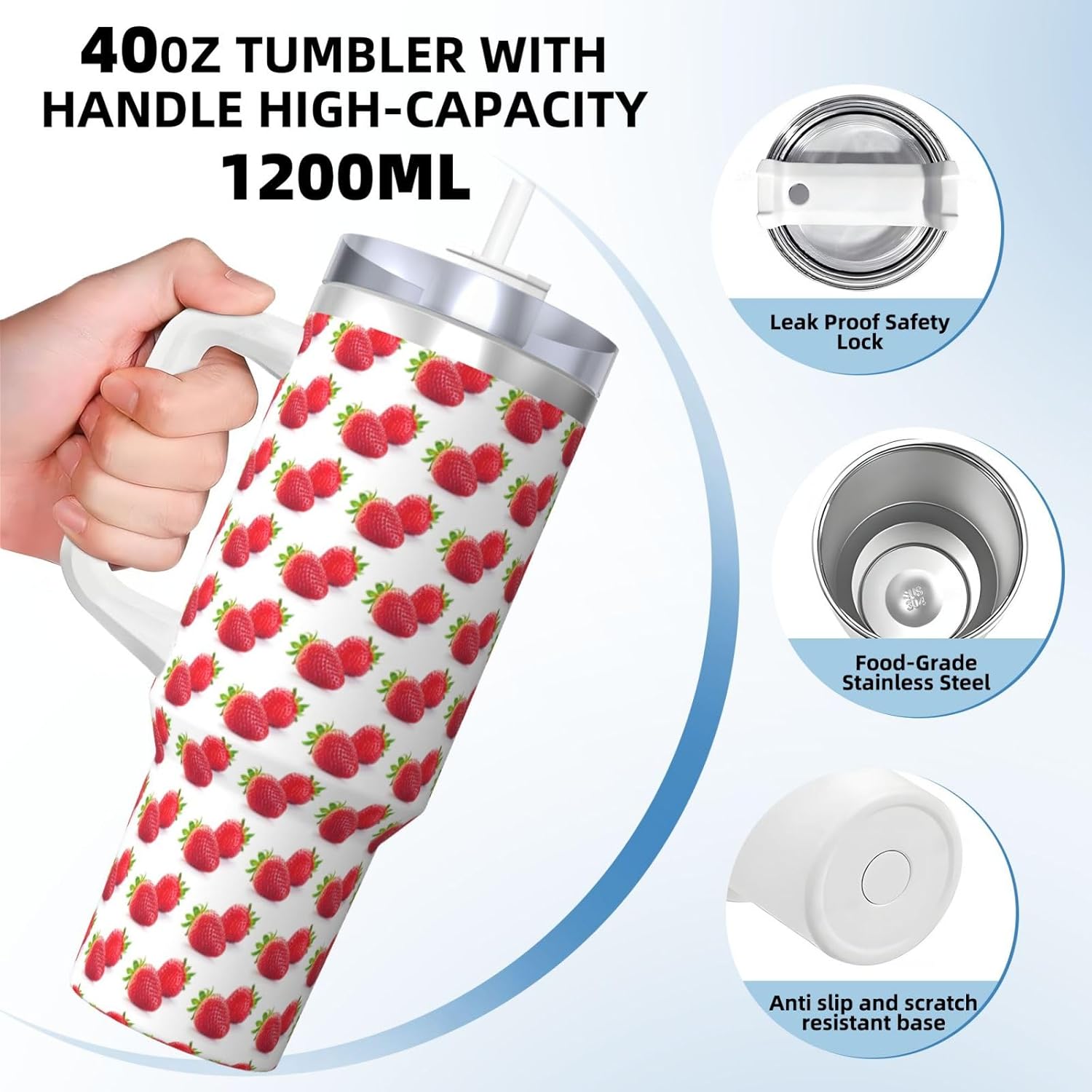 40 OZ Strawberry Print Ice Bully Cup with Handle Straw Lid Straw,Stainless Steel Tumbler Coffee Cup