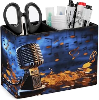 Rectangle Pen Holder Microphone with Music Notes Desk Organizer Pencil Cup | PU Leather Desktop Caddy Container Case with 2 Slots, Stationery Pens Remotes Makeup Brushes Essentials Home Office Supply