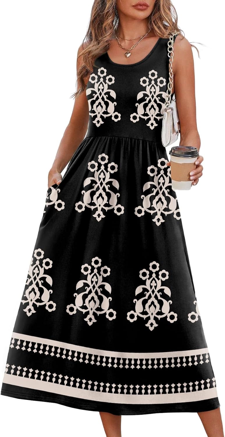 WIHOLL Summer Dresses for Women Flowy Casual Midi Dress Beach Vacation Sundresses with Pockets