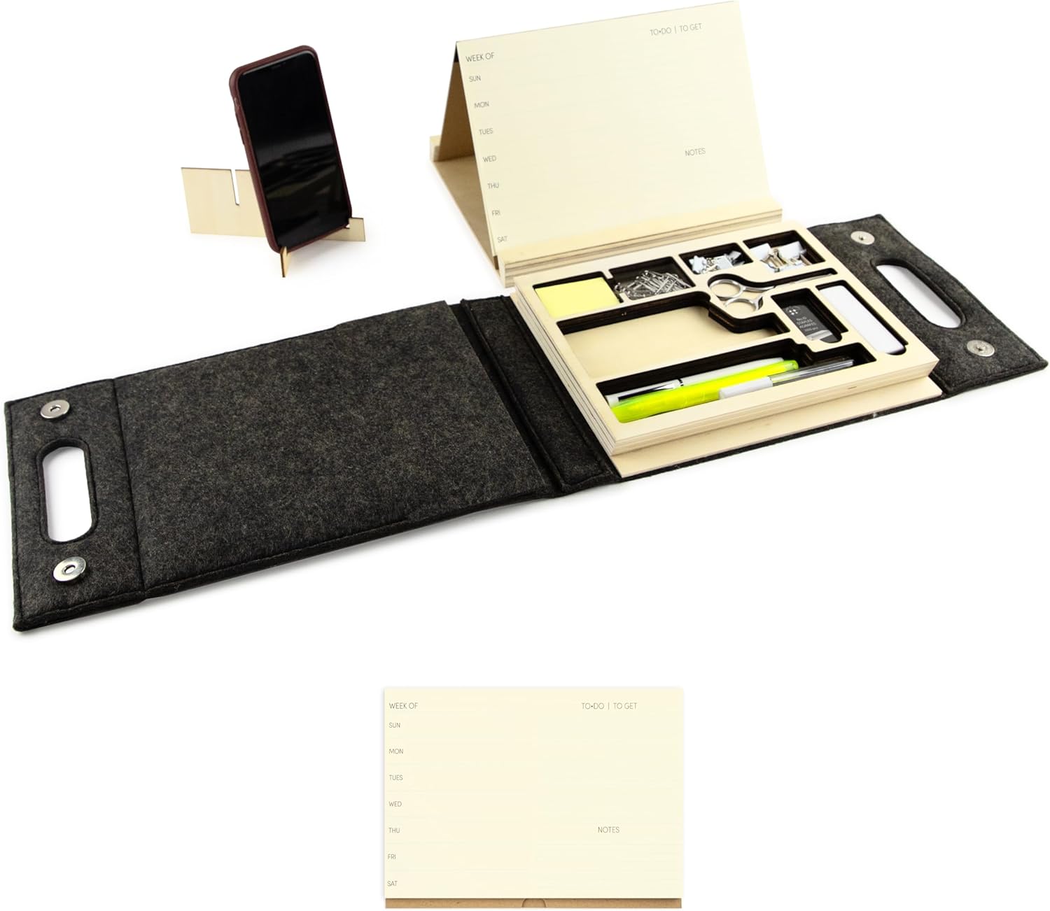 Three by Three Seattle jOTBLOCK Stay Organized On the Go with Our Portable Planner Set: Recycled Felt Case, Adjustable Stand, and Dual-Purpose Split Pad, Includes Additional Pad Refill 50 Sheets