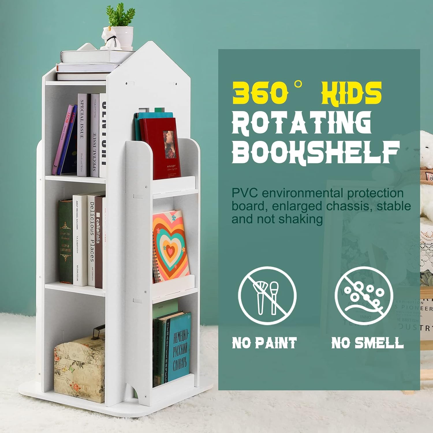 360 Rotating Bookshelf Kids Display Floor Standing Bookcase Book Shelf Organizer for Kids Revolving Bookcase Children Cartoon Books Rack Child Home Corner Storage Room White, 16.14 x 16.14 x 37.4 : Home & Kitchen