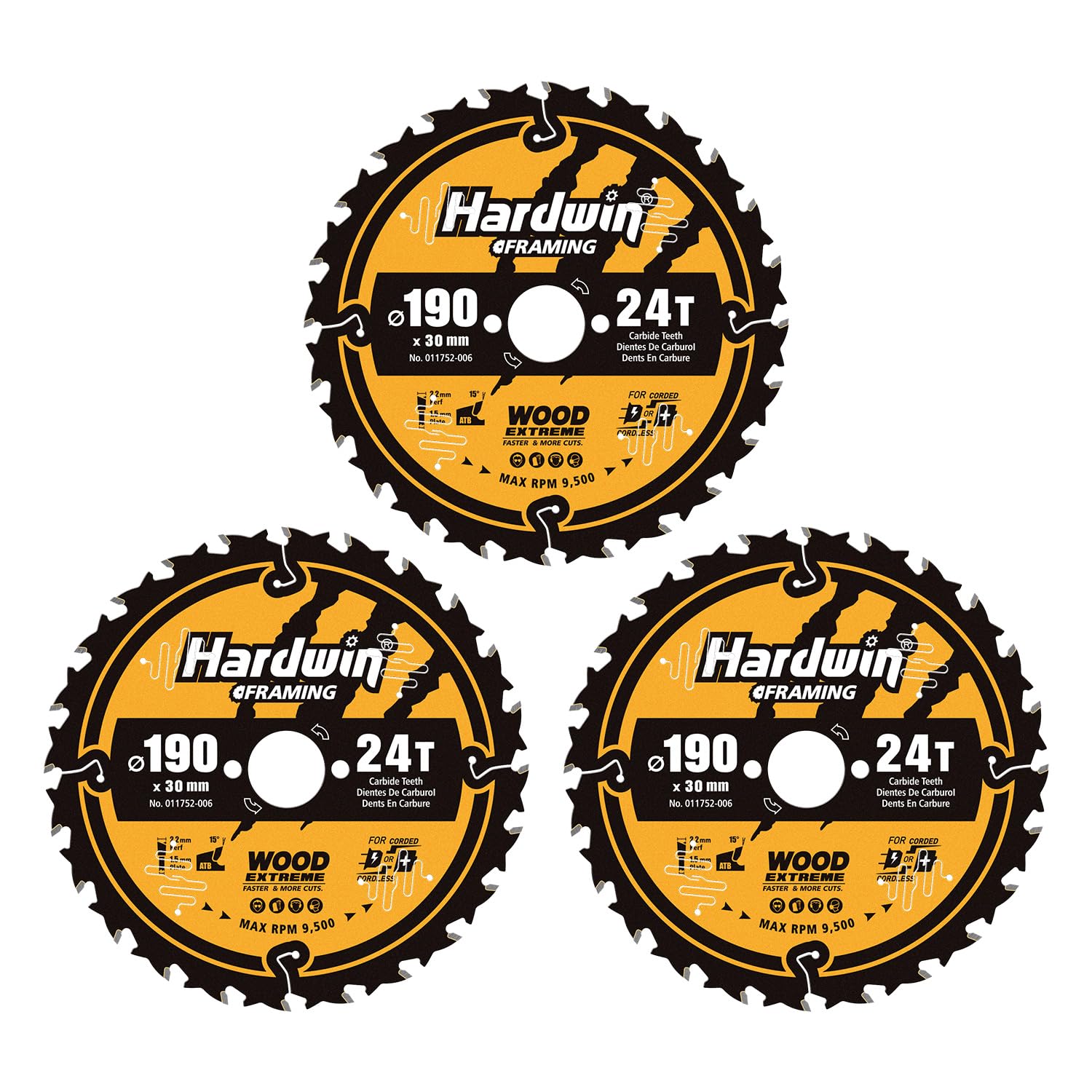 190mm x 30mm Circular Saw Blade for Wood Cutting, 3-Pack 24T Carbide-Tipped