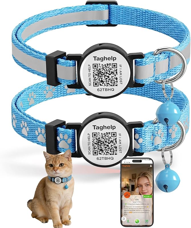 Coleira para Gatos com Suporte para Apple AirTag, QR Code, Faixa Refletiva e Fecho Breakaway Taghelp Azul, Pacote com 2