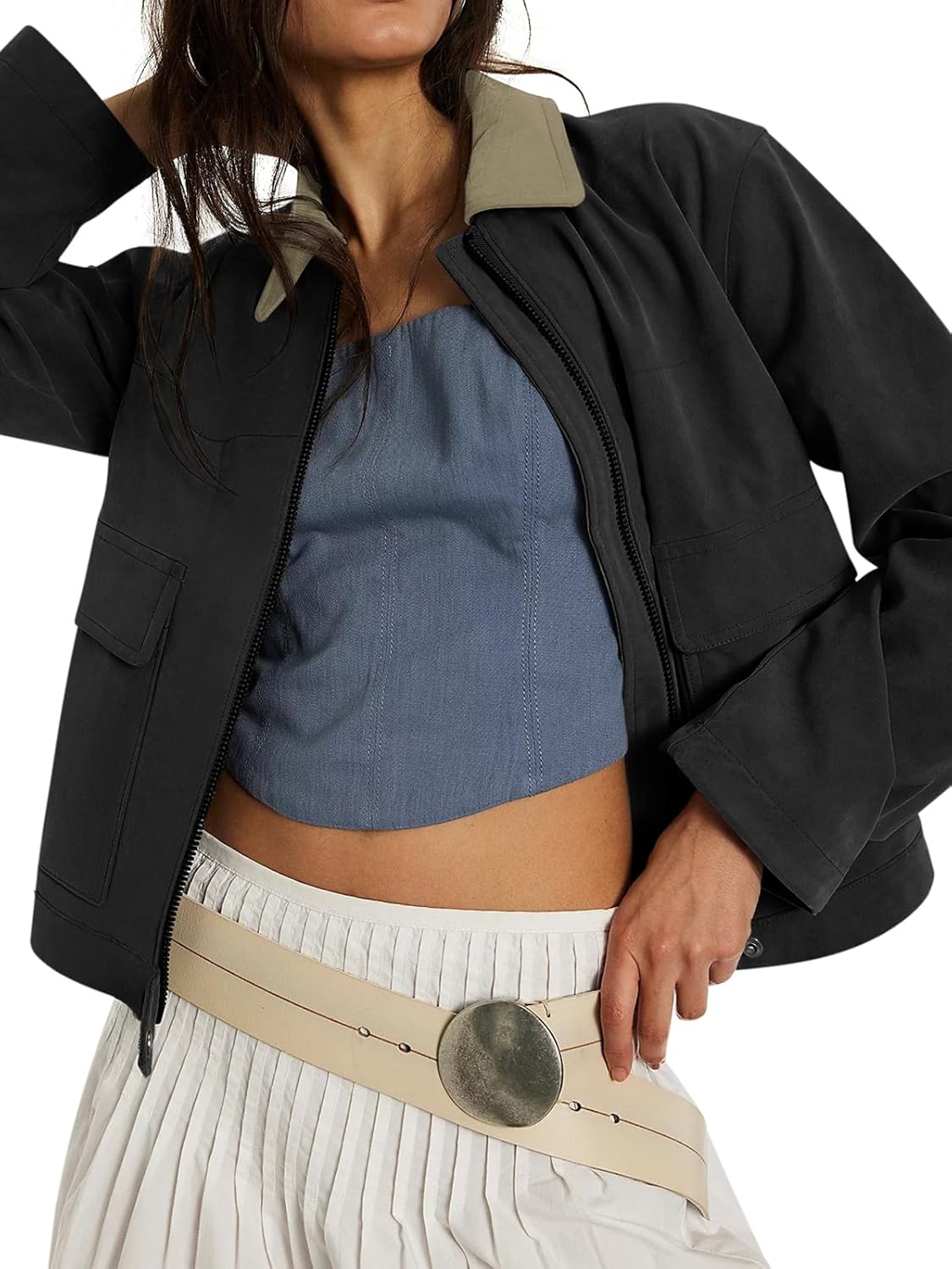 Women's Faux Suede Cropped Jacket Casual Zip Up Jackets Contrast Collar Fleece Winter Coats Outerwear with Pockets - Image 5