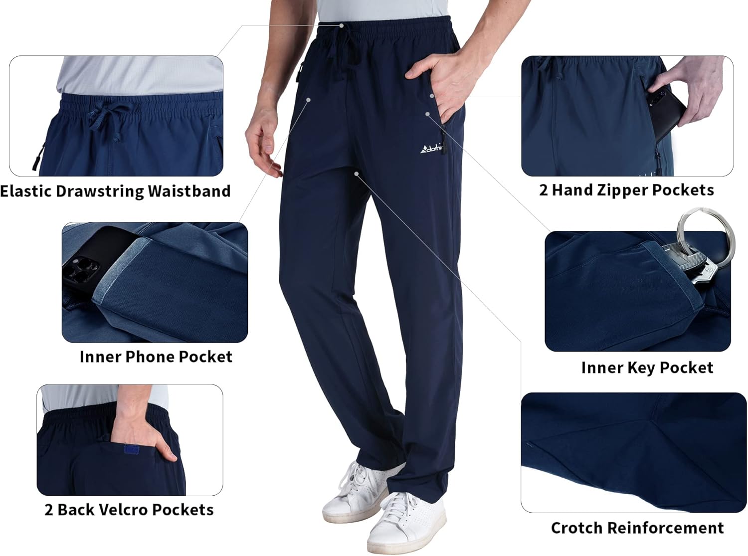 clothin Men's Lightweight Elastic Waist Pants Drawstring Athletic Sweatpants with Zipper Pockets for Hiking Casual Travel - Image 4