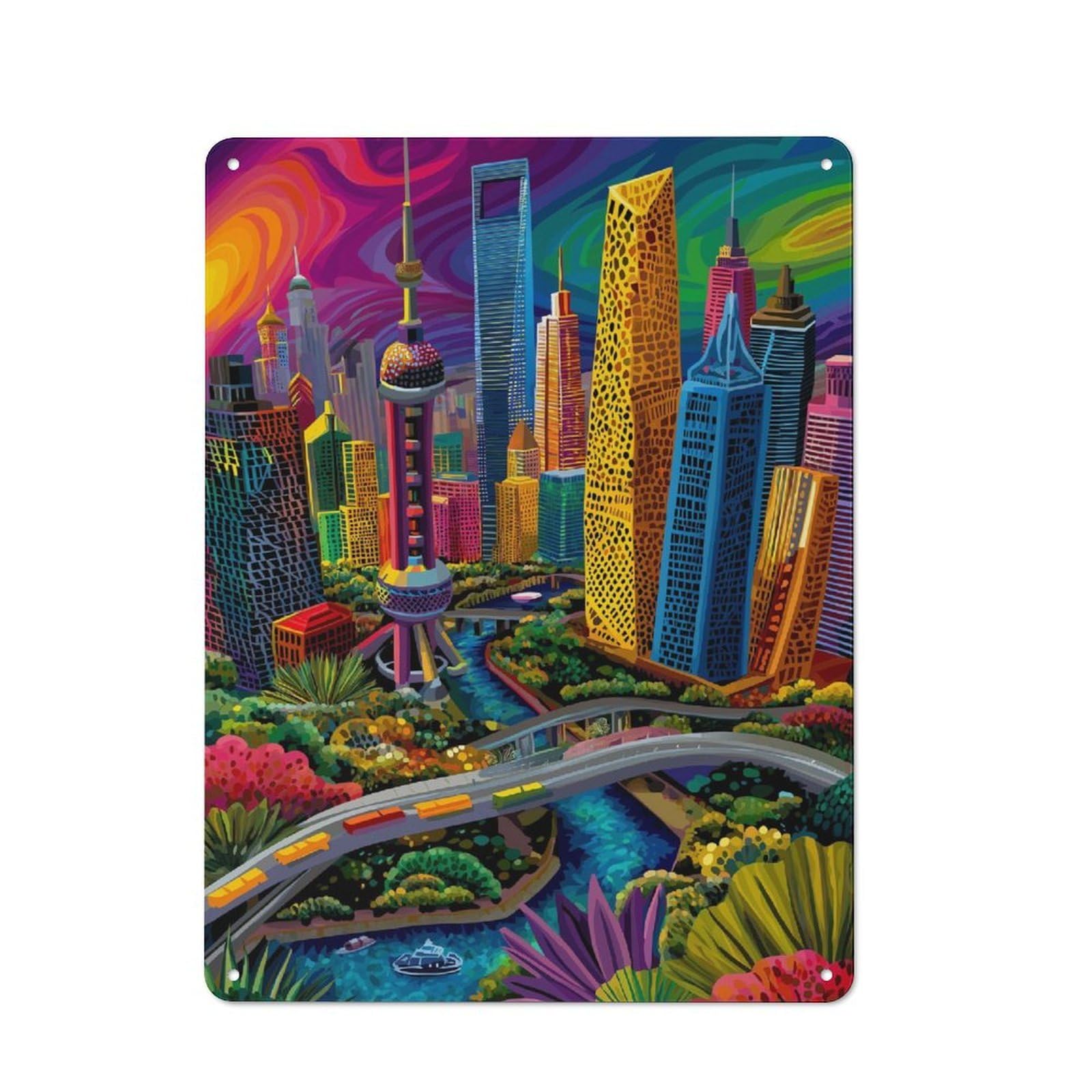 Junmoney Vibrant Cityscape Urban Jungle Retro Metal Plaque 40X30cm Featuring For Home Bar Wall, For Room Styling Across Home Bars And Entertaining Spaces