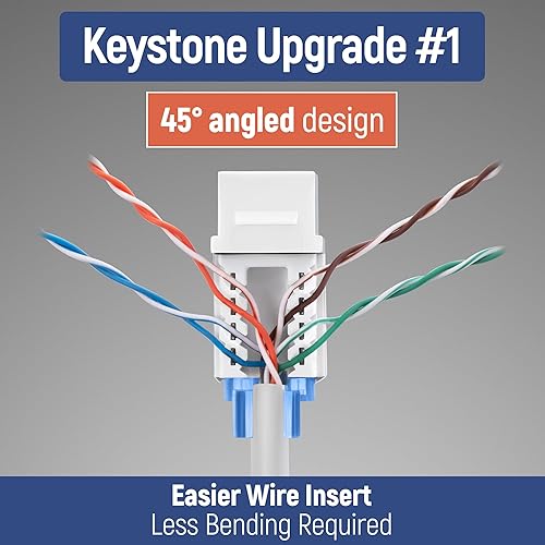 Miniatura 205 de Everest - Paquete de 50 conectores Keystone RJ45 Cat6 en ángulo de 45°, color blanco, conectores RJ45 hembra de perfil delgado, conector Keystone