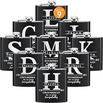Groomsmen Gifts Set of 9, Personalized Stainless Steel Hip Flask, 6 Oz, Black, Powder Coated, Rectangular Flask, Wedding Party Gifts, Bachelor Party Team