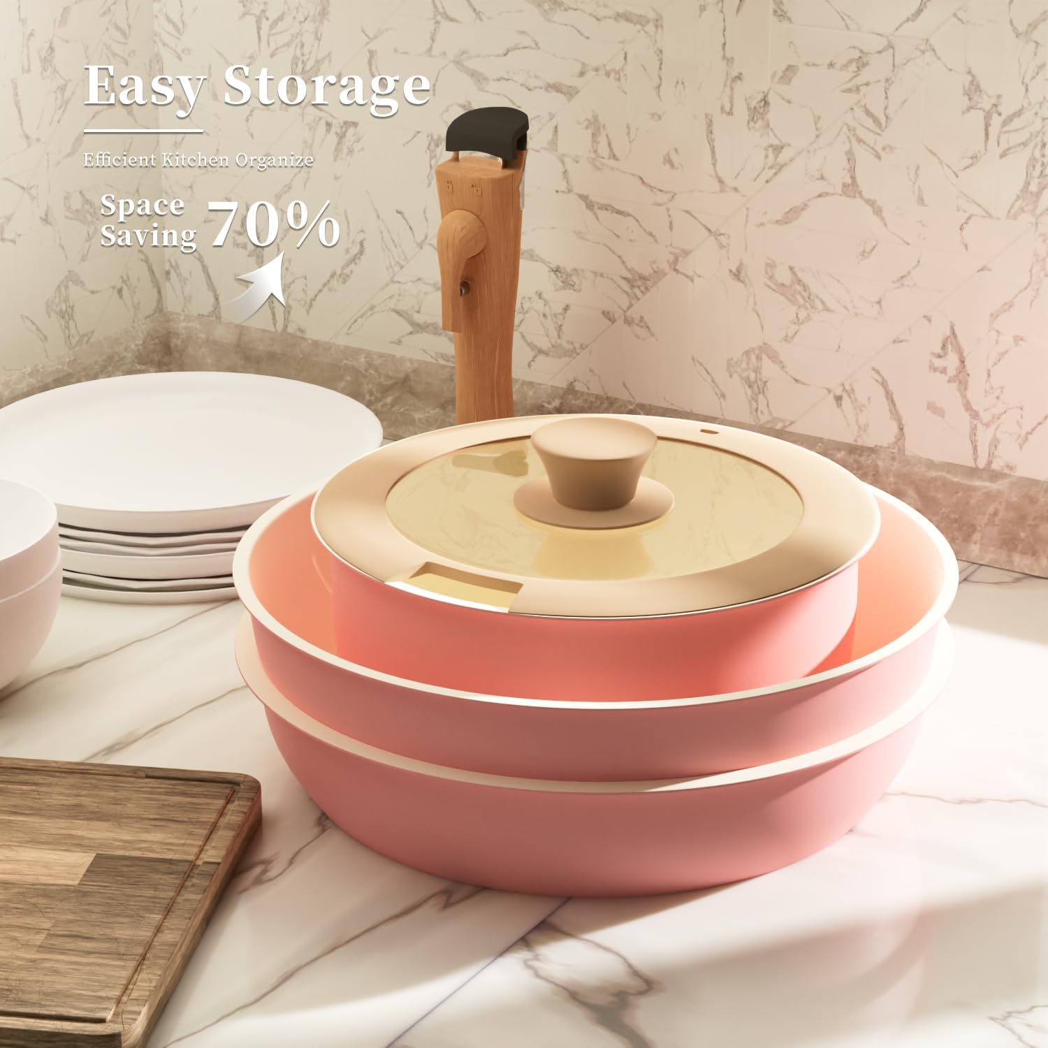 ShanSon 6 Pieces Kitchen Non-Stick Cookware Sets with Removable Handle, Stackable Pots and Pans Set Nonstick for Induction Gas RVs Camping Space Saving，Pink