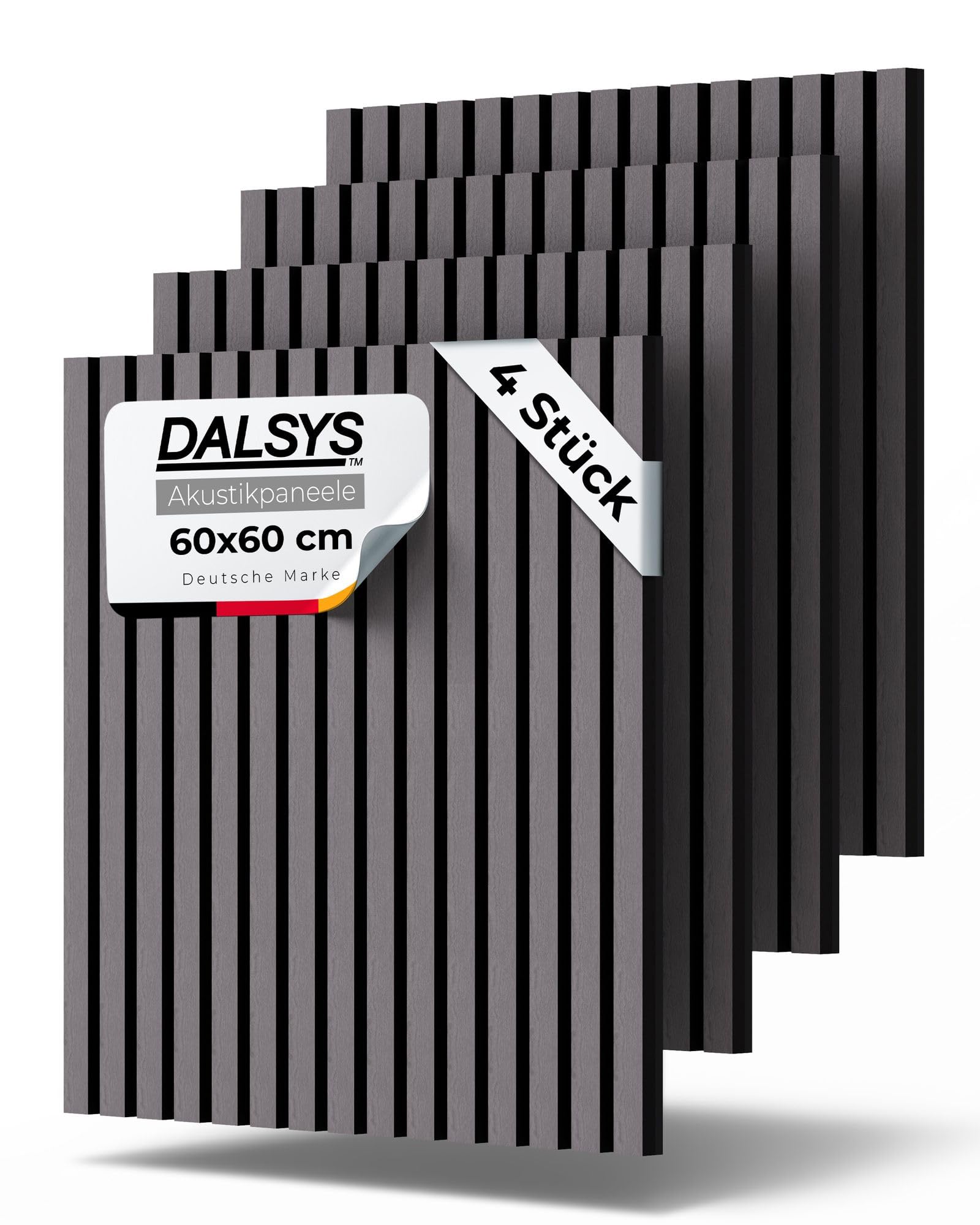 Dalsys Set of 4 Wooden Acoustic Panels 60 x 60cm (23.6 x 23.6) Grey with Slats, Wall Panels for Sound Insulation in Offices and Living Rooms, 3D Interior Wall Cladding