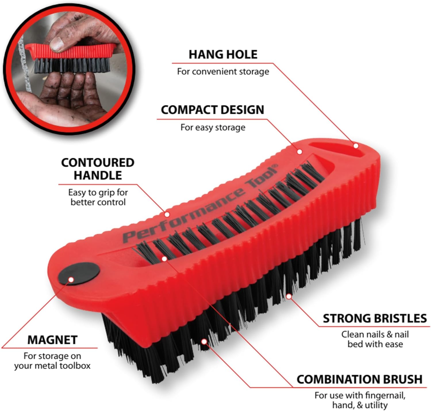 Performance Tool 20416 Combo Fingernail Brush with Magnet - Double-Sided Brush, Mechanic Nail & Cuticle Brush, Clean Hands, Tools, Work Surfaces, Red/Black