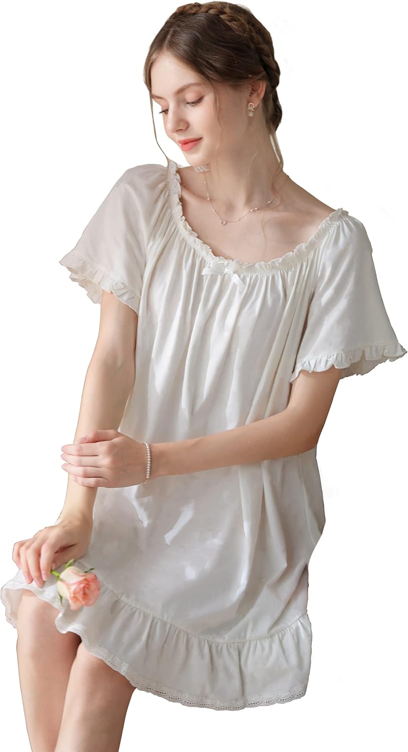 Women's Cotton Nightgowns Vintage Lightweight Gown Sets Short Sleeve Princess Nightdress - Image 5