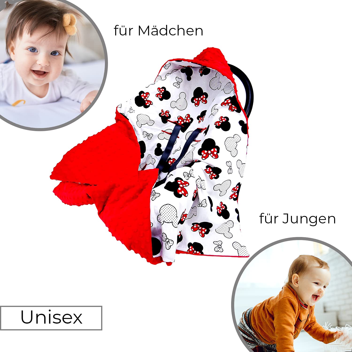 Welt der Träume Couverture double face pour coque bébé, siège auto, poussette, 90 x 90 cm, universelle (par exemple Maxi-Cosi/Cybex/Römer) (couverture auto – Miki blanc/minky rouge)