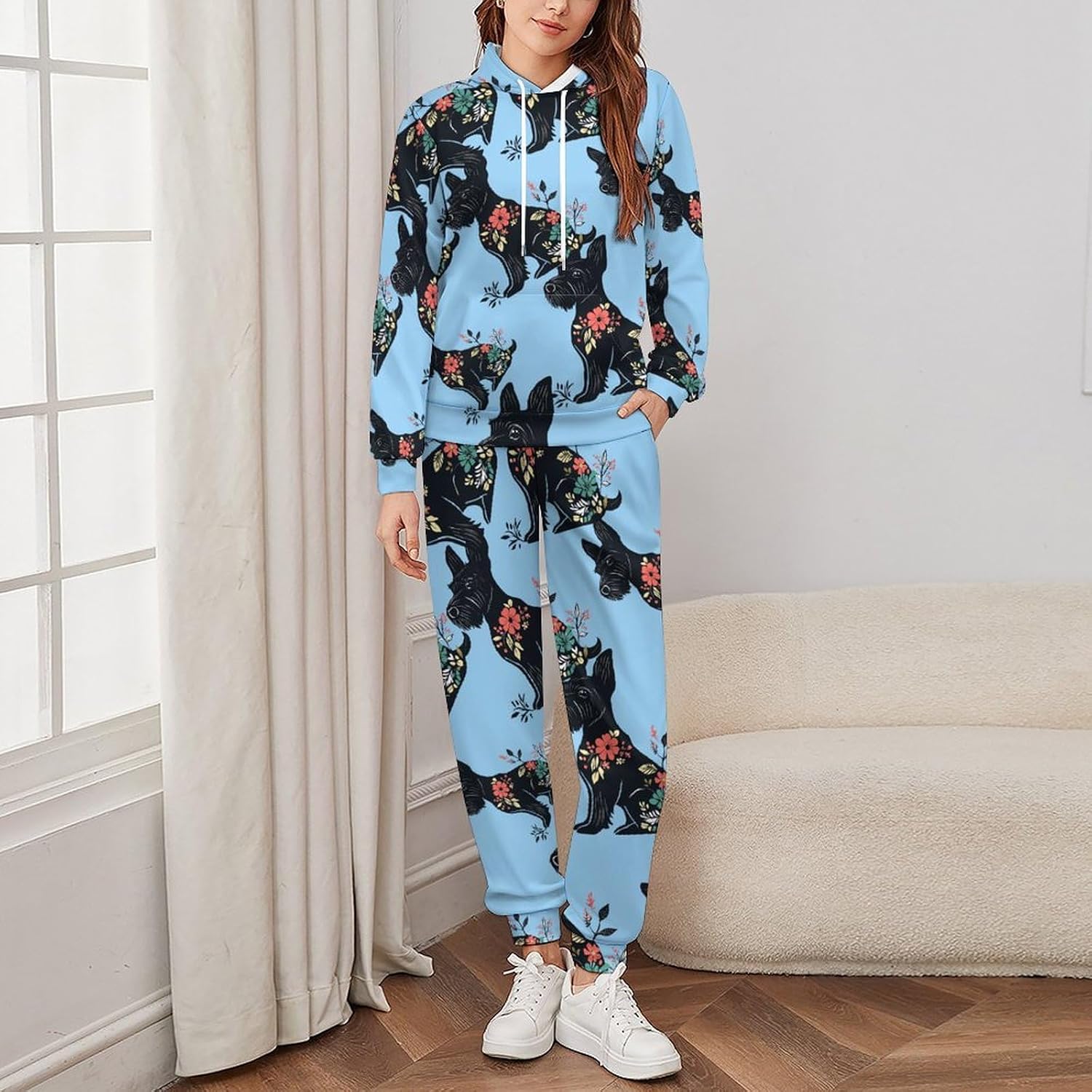 Scottish Terrier Floral Adult 2 Piece Tracksuits Hoodie Sweatshirt And Joggers Sweatpants Sweat Suit Outfits