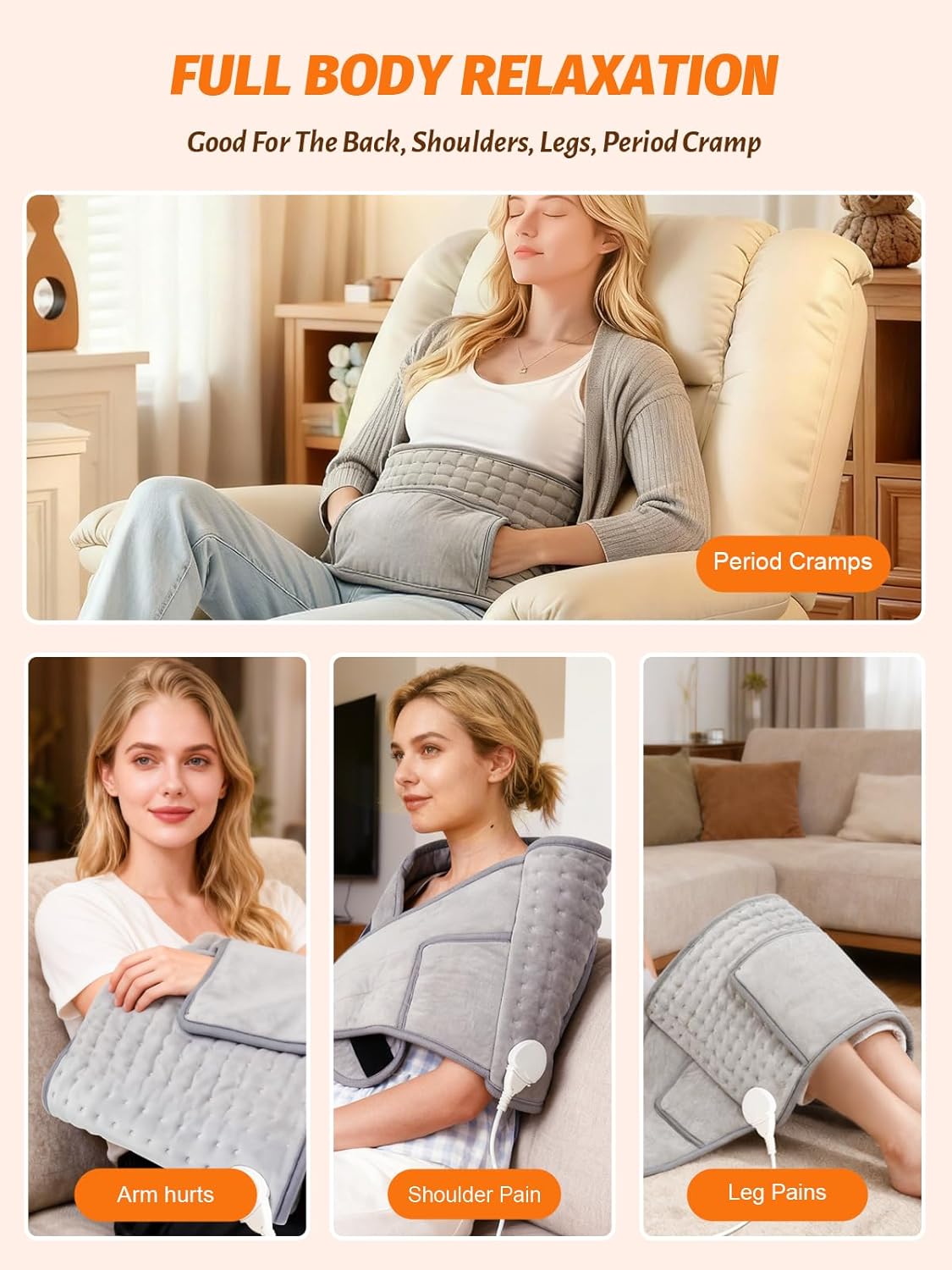Extended Electric Heating Pad Belt Wrap for Period Cramps Abdomen Waist Lower Back Neck Shoulders Leg Arms Pain Relax with 3 Meters Power Cord Timer Temperature Settings Auto Shut Off Mom Dad Gift - Image 6