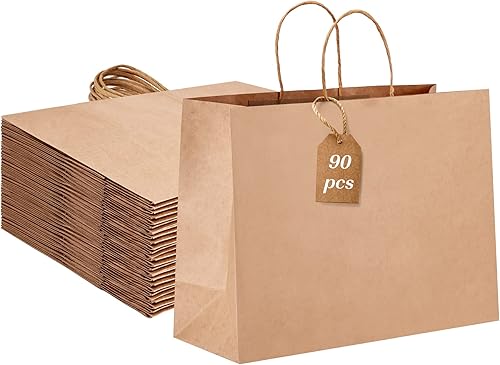 Moretoes 90 bolsas de papel de 16 x 6 x 12 pulgadas, bolsas de papel marrón con asas, bolsas de regalo grandes de Kraft a granel para boutiques,