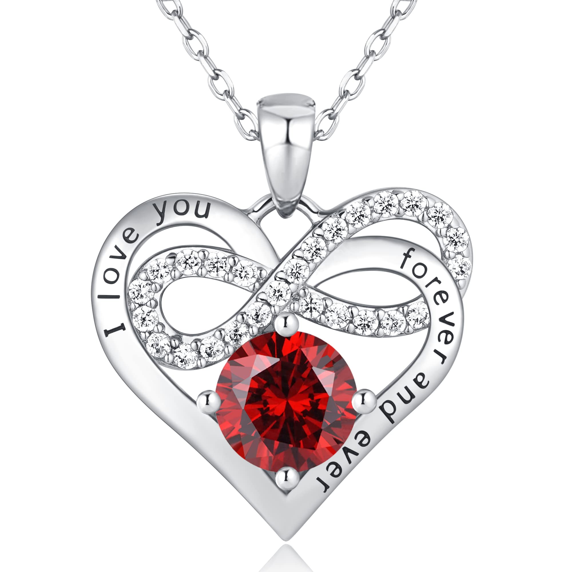 Momlovu Birthstone Necklaces for Women-Infinity Heart Necklace 925 Sterling Silver with 2 Carat (8MM) CZ Diamond, Mothers Day Christmas Birthday Wedding Gifts Women Wife Her-Garnet