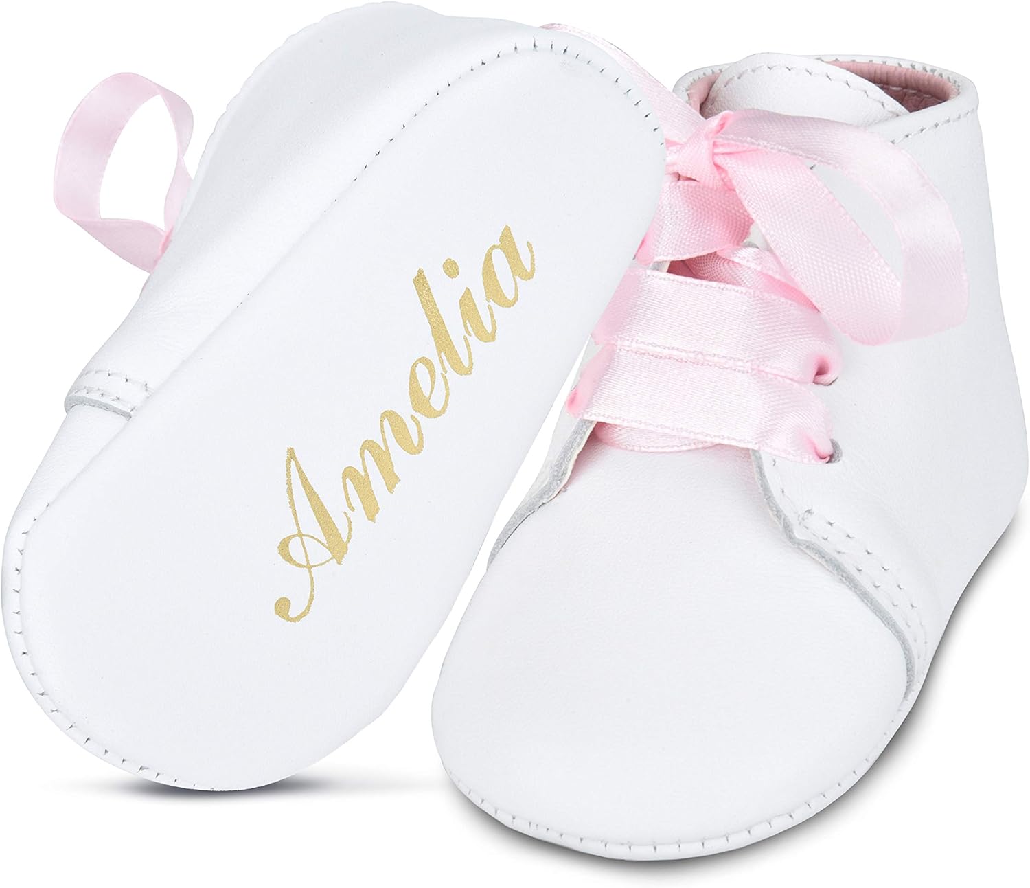 BABYSHOE Personalized Baby Girl Christening – Baptism Gender Reveal Soft Newborn Pink Lace Up Shoes with Hand Embossed Name & Date - Special Occasion Church Shoes - Great for Gifts