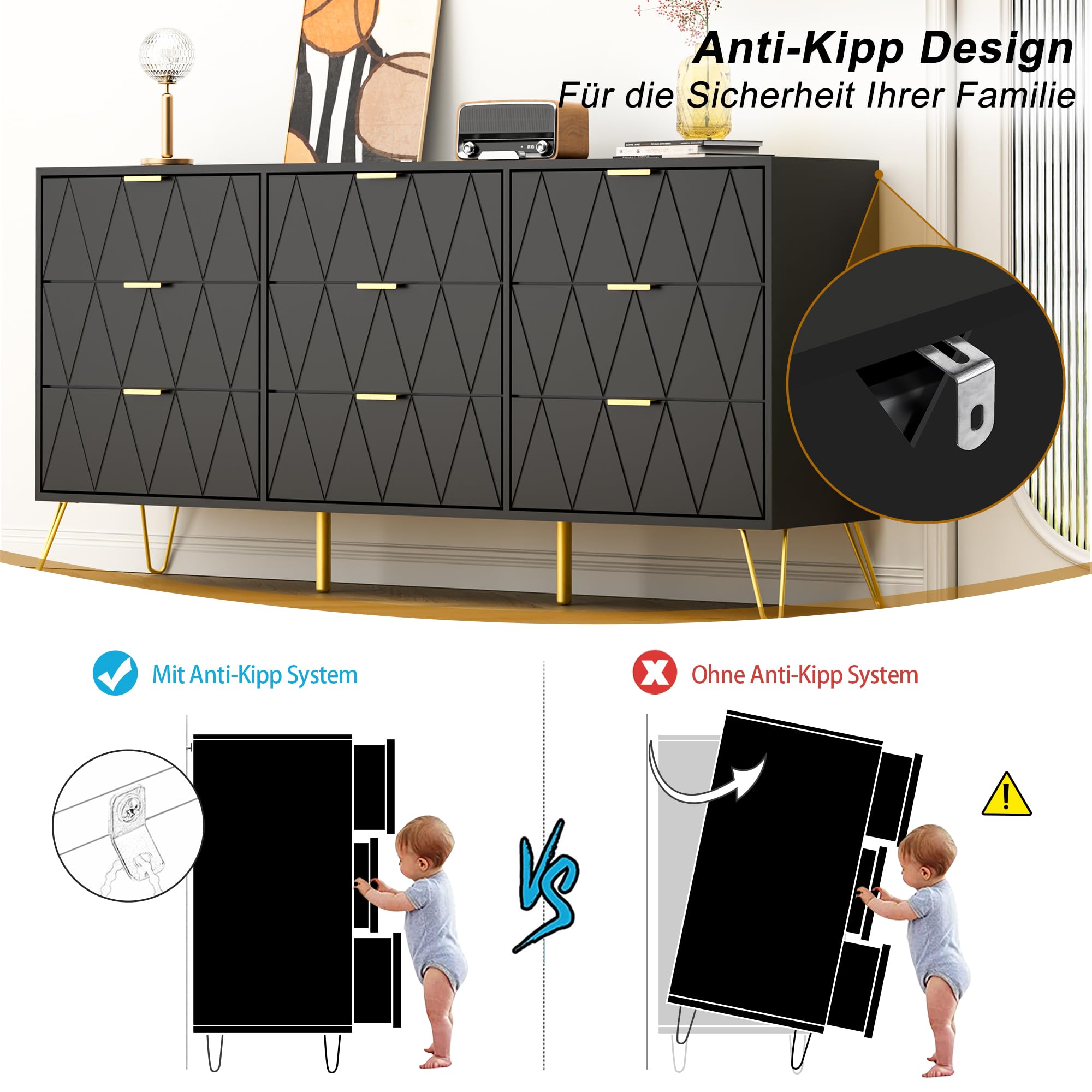 UEV Schlafzimmer Komplett-Set in schwarz, 3er-Set Schlafzimmermöbel, Kommode mit 9 Schubladen und 2er-Set Nachttisch, Goldene Griffe und Füße, Linienmuster, Skandinavisch für Wohnzimmer, Schlafzimmer