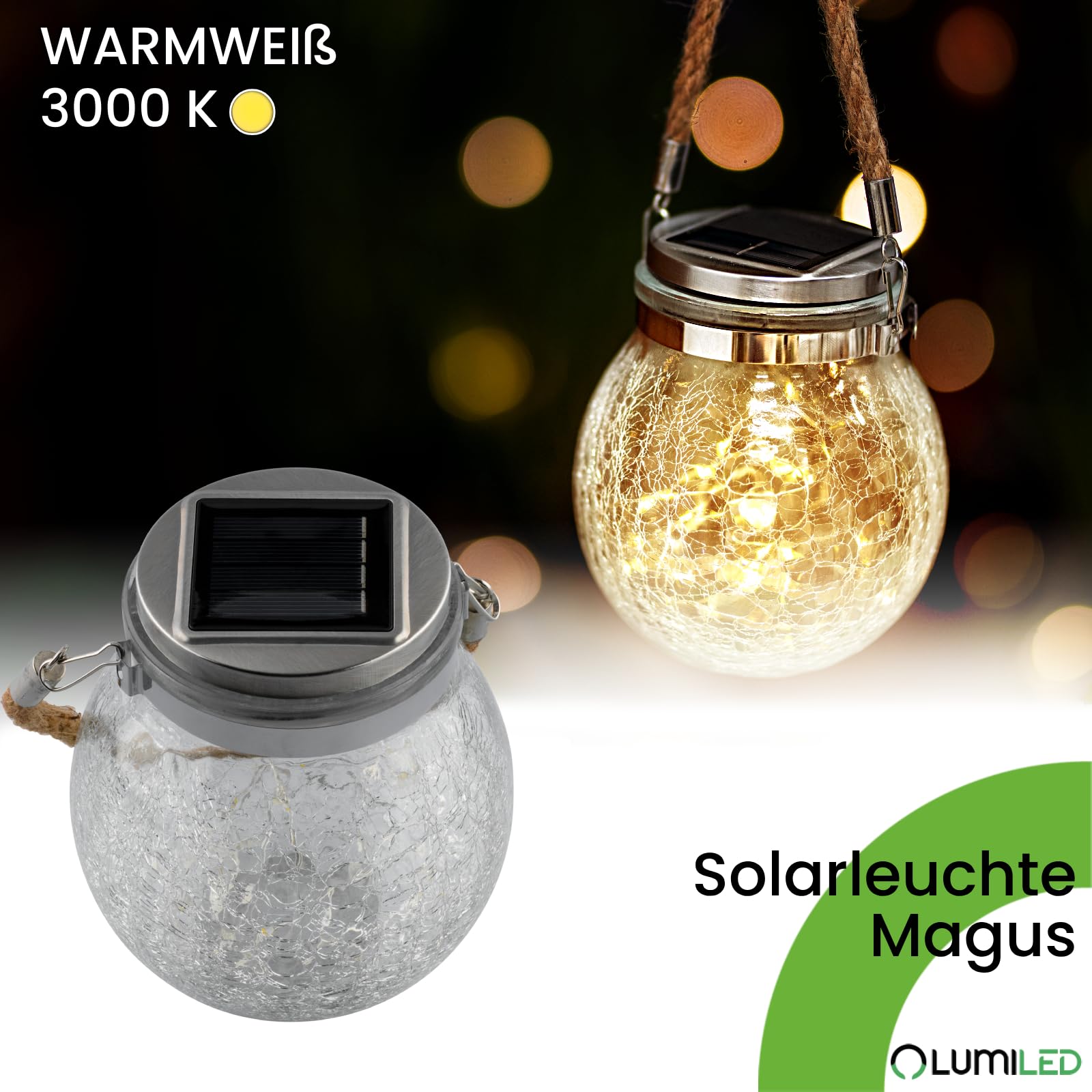 LUMILED 3x Set Solarleuchte Einmachglas Hängende Licht IP44 3000K 20 LED 600mAh Glas Pendelleuchte Außenlaternen ⌀12 cm Solar für Außen Dämmerungssensor Risslicht für Außen Garten Terrasse